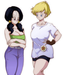 2girls alternate_costume bike_shorts black_hair blonde_hair blue_eyes blush breasts cleavage closed_mouth denim dragon_ball dragonball_z earrings embarrassed erasa_(dragon_ball) feet_out_of_frame female_focus fingerless_gloves gloves groin hand_on_own_hip hazama_null height_difference highres hoop_earrings jeans jewelry large_breasts legs looking_at_another multiple_girls nose_blush pants purple_eyes shirt short_hair simple_background smile standing strapless striped_clothes striped_shirt thighs tube_top twintails videl white_background white_shirt