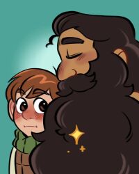 2boys beard blush chilchuck_tims closed_eyes dark-skinned_male dark_skin dungeon_meshi dwarf egg_soupss facial_hair from_side girl_staring_at_guy&#039;s_chest_(meme) highres long_beard male_focus meme multiple_boys mustache senshi_(dungeon_meshi) sparkle thick_mustache upper_body very_long_beard yaoi