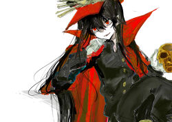 1girl absurdres black_hair black_jacket black_pants cape crossed_legs fate/grand_order fate_(series) gloves hat head_rest highres jacket long_hair long_sleeves looking_to_the_side oda_nobunaga_(fate) oda_nobunaga_(koha-ace) pale_skin pants peaked_cap red_cape red_eyes rong301718 simple_background sitting sketch skull smile solo white_background white_gloves