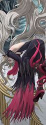 1girl absurdly_long_hair absurdres backless_dress backless_outfit bare_back bare_shoulders black_dress black_pantyhose black_ribbon breasts cleavage covered_mouth dashimaki_(dasimakitama50) detached_sleeves dress eyeshadow floating floating_hair ghost glowing glowing_eyes grey_hair hair_ribbon high_heels highres long_hair looking_at_viewer low_twintails makeup necktie nijisanji nijisanji_en pantyhose pink_eyes pink_eyeshadow pink_necktie pink_shoes reimu_endou reimu_endou_(1st_costume) ribbon shoes sleeveless sleeveless_dress sleeves_past_fingers sleeves_past_wrists small_breasts solo torn_clothes torn_dress torn_sleeves twintails very_long_hair water wavy_hair