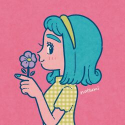 1girl aqua_hair aqua_nails artist_name blush checkered_clothes closed_mouth commentary_request eyelashes flower from_side green_hairband hairband highres holding holding_flower medium_hair nail_polish natsumi_color original pink_background profile_picture purple_flower short_sleeves simple_background smile solo thick_eyebrows upper_body variant_set