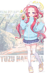 1girl alternate_costume animal_hat artist_name blue_archive blue_jacket blue_skirt blush bow_legwear braid character_name dot_nose forehead full_body hair_ornament hair_scrunchie halo hat highres jacket long_hair long_sleeves open_mouth plaid_clothes plaid_skirt pleated_skirt purple_eyes red_hair scrunchie shoes single_braid skirt smile solo standing thighhighs turtleneck turtleneck_jacket white_background white_hat white_thighhighs wodaex yellow_halo yellow_scrunchie yellow_shoes yuzu_(blue_archive)