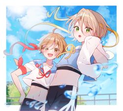 2boys black_shoes blonde_hair blue_sky border brown_hair cloud ensemble_stars! hair_between_eyes hand_on_own_hip headband highres holding holding_towel looking_at_viewer mashiro_tomoya multiple_boys official_alternate_costume open_mouth red_headband red_ribbon ribbon shiratori_aira_(ensemble_stars!) shisokonbu shoes short_hair sky smile teeth towel upper_teeth_only water white_border yellow_headband yellow_ribbon