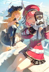 2girls :d aqua_eyes bare_shoulders belt bird black_dress black_hat blonde_hair blue_eyes blue_flower blue_rose boots bow camera charlotte_(genshin_impact) detached_sleeves dress drill_hair drill_sidelocks flower genshin_impact gloves hat high-waist_skirt highres holding holding_camera long_hair multiple_girls navia_(genshin_impact) newsboy_cap open_mouth outdoors pink_hair puffy_detached_sleeves puffy_sleeves red_hat red_skirt ribbon rose shirt short_hair sidelocks sitting skirt sleeveless sleeveless_shirt smile suspenders teeth thigh_boots upper_teeth_only uxien white_belt white_gloves white_shirt yellow_flower yellow_rose