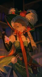 1girl :d absurdres bare_shoulders belt belt_pouch blonde_hair bookshelf bow braid brown_belt chin_strap dark_background dress earrings elbow_gloves erlenmeyer_flask flask flower gloves green_dress green_eyes green_gloves green_hat hands_up hat hat_feather hat_flower highres holding holding_flask jewelry jiaohua_songsheng long_hair looking_at_viewer low_twintails open_mouth orange_bow picture_hat pouch red_flower reverse:1999 sleeveless sleeveless_dress smile solo sotheby straight-on test_tube twin_braids twintails upper_body