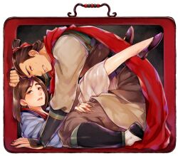 1boy 1girl black_hair chinese_clothes dress fa_mulan_(disney) hair_bun hanfu li_shang_(disney) lips long_hair looking_at_viewer makeup mizala mulan_(movie) shirt short_hair simple_background smile