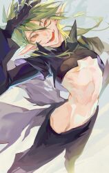 1boy absurdres aotu_world arm_up bishounen black_gloves black_jacket black_pants black_shirt chinese_commentary crop_top cropped_jacket feng1shiwolaopowa floating_cape floating_hair gloves green_hair groin hair_between_eyes hand_on_own_head highres jacket jewelry licking_lips long_hair long_sleeves looking_at_viewer low_ponytail lower_teeth_only male_focus midriff multicolored_eyes multiple_rings navel open_mouth pants pointy_ears ponytail red_eyes ring shirt simple_background skin_tight smile solo stomach teeth toned tongue tongue_out turtleneck underpec waist_cape xander_(aotu_world) yellow_eyes
