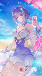 1girl alisa:_echo_(pgr) alisa_(pgr) alternate_costume beach beach_towel beach_umbrella bikini bird blue_sky breasts cleavage cloud cup drink highres holding holding_cup kneeling medium_breasts nail_polish ocean official_alternate_costume punishing:_gray_raven purple_hair see-through_bikini see-through_clothes short_hair sky smile solo summer swimsuit timestamp towel umbrella video_camera water wrist_cuffs zeyal_li_hai