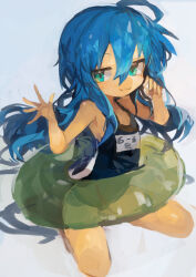 1girl absurdres ahoge blue_hair blue_one-piece_swimsuit commentary flat_chest green_eyes hair_between_eyes highres innertube izumi_konata kaamin_(mariarose753) kneeling long_hair looking_at_viewer lucky_star mole mole_under_eye one-piece_swimsuit school_swimsuit simple_background sitting solo swim_ring swimsuit very_long_hair
