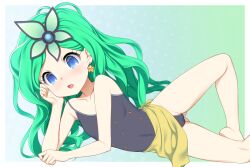Rule 34 | 1girl, barefoot, blue eyes, blue leotard, commission, commissioner upload, covered navel, earrings, elbow rest, feet, final fantasy, final fantasy iv, fugetsu taku, gluteal fold, green hair, hair ornament, head rest, jewelry, legs apart, leotard, long hair, looking at viewer, lying, on side, open mouth, rydia (ff4), rydia (young) (ff4), sarong, skeb commission, solo, star (symbol), star earrings, thighs, yellow sarong