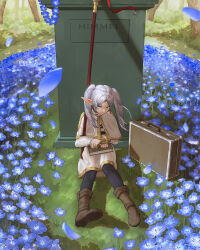 Rule 34 | 1girl, absurdres, black pantyhose, blue flower, book, boots, brown boots, capelet, double-parted bangs, dress, earrings, elf, flower, frieren, green eyes, highres, holding, holding book, holding staff, jewelry, kuni ( kunidesu), pantyhose, pointy ears, solo, sousou no frieren, staff, twintails, white capelet, white dress, white hair