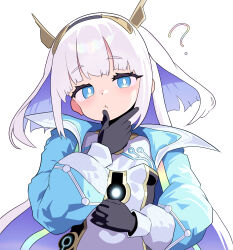 1girl ? absurdres black_gloves blue_eyes blue_hair blue_jacket bodysuit booshitsu colored_inner_hair eudie_(shadowverse) gloves hairband highres jacket long_hair long_sleeves looking_at_viewer multicolored_hair open_clothes open_jacket shadowverse shadowverse:_worlds_beyond simple_background solo upper_body white_background white_bodysuit white_hair