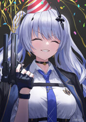 Rule 34 | 1girl, ^ ^, amt hardballer, amt hardballer longslide, birthday, black background, black choker, black gloves, black jacket, blue necktie, breasts, chest harness, choker, closed eyes, collared shirt, confetti, cross, cross hair ornament, earrings, fingerless gloves, gloves, grey hair, grin, guchico, gun, hair ornament, handgun, harness, hat, inverted cross, jacket, jewelry, large breasts, long hair, necktie, neo-porte, parody, party hat, pistol, shirt, smile, solo, teeth, tented shirt, tentei forte, tentei forte (2nd costume), terminator (series), the terminator, triangle earrings, twintails, virtual youtuber, weapon, white shirt