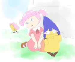 1boy 2girls 80s creature freckles grass hat hiding hunting jane_turner looking_afar multiple_girls oldschool onegai!_samia_don pink_hair retro_artstyle samia_don samiko_(onegai!_samia_don) witch_hat yamanokonza