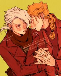 2boys absurdres black_shirt blonde_hair blush braid coat colored_eyelashes drawn_heart earrings food-themed_earrings food_themed_earrings giorno_giovanna highres holding_hands jewelry jojo_no_kimyou_na_bouken looking_at_another male_focus multiple_boys okokoro_zaiku pannacotta_fugo red_eyes ring scarf shirt smile smiley_face strawberry_earrings turtleneck turtleneck_shirt twitter_username vento_aureo victory_rolls watermark white_hair yaoi yellow_background yellow_eyes