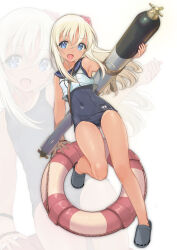 1girl absurdres blonde_hair blue_eyes blush breasts crop_top flower full_body hair_flower hair_ornament highres kantai_collection lifebuoy long_hair looking_at_viewer nontraditional_school_swimsuit one-piece_swimsuit open_mouth ro-500_(kancolle) sailor_collar school_swimsuit school_uniform serafuku smile solo swim_ring swimsuit swimsuit_under_clothes tan tanline torpedo white_background yashin_(yasinz) zoom_layer