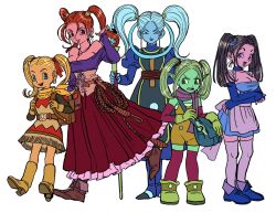 5girls :d apron aqua_skin arm_behind_back backpack bag bare_shoulders belt_buckle black_shirt blonde_hair blue_bridal_gauntlets blue_choker blue_dragon blue_dress blue_eyes blue_shoes blue_skin boots bouquet_(blue_dragon) breasts brown_boots brown_hair brown_shoes buckle choker cleavage colored_skin creator_connection crossover demon_girl dragon_ball dragon_ball_daima dragon_ball_super dragon_quest dragon_quest_builders_2 dragon_quest_viii dress earrings female_builder_(dqb2) fringe_trim gloves hair_ribbon highres holding holding_staff hoop_earrings jessica_albert jewelry juliet_sleeves long_sleeves looking_at_viewer looking_to_the_side marcarita multiple_crossover multiple_girls neckerchief necklace off_shoulder_shirt open_mouth orange_eyes orange_hair orange_overalls overalls pansy_(dragon_ball_daima) parted_bangs pink_thighhighs pointy_ears puffy_sleeves purple_eyes purple_lips purple_scarf purple_shirt red_dress red_ribbon red_skirt ribbon sarashi scarf shirt shirt_under_dress shoes shoulder_bag skirt smile sphere_earrings staff thighhighs trait_connection twintails two-tone_dress uranagi_(uranaginasi) waist_apron whip white_apron white_background white_dress white_hair white_thighhighs yellow_corset yellow_gloves yellow_neckerchief