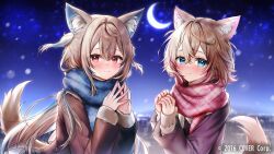 2girls alternate_costume animal_ears blonde_hair blue_eyes blue_hair blue_scarf blurry blurry_background blush brown_jacket closed_mouth commentary copyright_notice crescent_moon crossed_bangs dog_ears dog_girl dog_tail double-parted_bangs english_commentary fur-trimmed_jacket fur_trim fuwawa_abyssgard hair_between_eyes hair_intakes highres hololive hololive_english jacket light_smile long_hair long_sleeves looking_at_viewer maru_ccy mococo_abyssgard moon multicolored_hair multiple_girls night night_sky official_art open_mouth outdoors own_hands_together pink_eyes pink_hair pink_scarf plaid_clothes plaid_scarf scarf short_hair sky smile star_(sky) starry_sky steepled_fingers streaked_hair sweater tail two_side_up virtual_youtuber