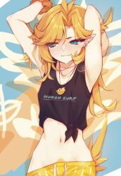 1girl armpits arms_up bare_arms bird_tail black_tank_top blonde_hair blonde_pubic_hair clothes_writing commentary dokibird_(vtuber) dokibird_(vtuber)_(summer) ear_piercing eyes_visible_through_hair female_pubic_hair green_eyes highres indie_virtual_youtuber jewelry long_hair midriff navel official_alternate_costume pendant piercing pointy_ears pubic_hair pubic_hair_peek ricegnat scrunchie shirt solo sweat tail tank_top tied_shirt upper_body virtual_youtuber wrist_scrunchie