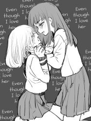 2girls artist_request english_text monochrome multiple_girls school_uniform strangling tagme tears yuri