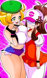 bianca_(pokemon) breast_envy breasts breasts_squeezed_together hilda_(pokemon) lucky-jj nintendo pokemon pokemon_bw simple_background tagme