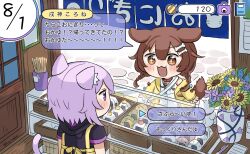 +_+ 2girls :3 :d animal_collar animal_ears apron blush bone_hair_ornament braid brown_eyes brown_hair cat_ears cat_girl cat_symbol cat_tail chibi chibi_only chopsticks coin collar commentary dialogue_box dialogue_options dog_ears dog_tail excited flower food from_above gameplay_mechanics hair_ornament highres hololive inugami_korone inugami_korone_(1st_costume) jacket kujirako_(user_wusc5438) maneki-neko merchant multiple_girls nekomata_okayu nekomata_okayu_(1st_costume) onigiri open_clothes open_jacket open_mouth purple_eyes purple_hair shop short_hair sign smile speech_bubble stone_floor summer tail timestamp translated twin_braids twitter_username vase virtual_youtuber yellow_jacket