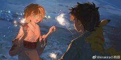 1boy 1girl :d absurdres ash_ketchum black_hair brown_hair fireworks gen_1_pokemon green_eyes hair_down highres holding japanese_clothes kimono misty_(pokemon) night nintendo on_shoulder open_mouth orange_hair outdoors pikachu pokemon pokemon_(anime) pokemon_(classic_anime) pokemon_(creature) pokemon_on_shoulder robe sash short_hair sky smile sparkler water yukata