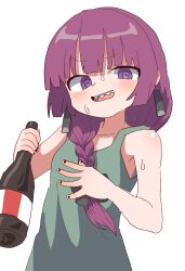 1girl @_@ bare_shoulders black_bow black_nails bocchi_the_rock! bottle bow braid collarbone dress earrings green_dress hair_bow hair_over_shoulder highres hiroi_kikuri holding holding_bottle jewelry long_hair looking_at_viewer magg_(user_mtca8588) nail_polish open_mouth purple_eyes purple_hair sharp_teeth simple_background single_braid solo sweat teeth white_background