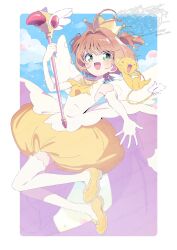 1girl angel_wings antenna_hair ascot bare_shoulders blue_sky border brown_hair bubble_skirt cardcaptor_sakura cloud crown day dot_nose dress eyelashes ferret floating_clothes floating_hair full_body gloves gold_crown green_eyes hair_intakes happy highres holding holding_wand jumping kero_(cardcaptor_sakura) kinomoto_sakura kinomoto_sakura_(miraculous_sakura) light_blush long_dress looking_at_viewer magical_girl mary_janes miniskirt open_mouth outdoors outside_border outstretched_hand petals pointy_ears serizawa_serizane shoes short_hair skirt skirt_under_dress sky sleeveless sleeveless_dress smile tareme thighhighs turtleneck turtleneck_dress twitter_username two_side_up wand watermark watermark_grid white_border white_dress white_gloves white_thighhighs white_wings wind winged_animal wings yellow_ascot yellow_shoes yellow_skirt