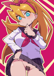 1girl absurdres alternate_costume bandaid bandaid_on_pussy black_skirt blonde_hair blue_eyes blush buzzlyears ciel_(mega_man) clothes_lift cowboy_shot high_ponytail highres long_hair mega_man_(series) mega_man_zero_(series) miniskirt neckerchief no_panties pink_background pink_neckerchief pleated_skirt ponytail school_uniform shirt simple_background skirt skirt_lift solo white_shirt