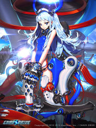 1girl bad_id bad_pixiv_id bare_shoulders blue_eyes blue_hair blue_leotard chaos_drive cockpit company_name copyright_name covered_navel energy covered_erect_nipples gloves hichi highres leotard long_hair looking_at_viewer mecha_musume official_art original smile venus_(chaos_drive)