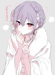 Rule 34 | 1girl, blush, commentary request, flower, flying sweatdrops, fur-trimmed kimono, fur trim, grey background, hair between eyes, hair flower, hair ornament, hands up, idolmaster, idolmaster shiny colors, japanese clothes, kimono, long sleeves, looking at viewer, morino rinze, parted lips, purple hair, red eyes, short hair, shotan, simple background, solo, white flower, white kimono, wide sleeves