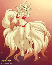 1girl adjusting_hair animal_ears animal_hands artist_name bikini blonde_hair breasts cameltoe claws covered_erect_nipples creatures_(company) english_text fang feet female_focus full_body furry furry_female game_freak gen_1_pokemon gradient_background half-closed_eyes hands_up highres large_breasts looking_to_the_side multiple_tails navel ninetales nintendo open_mouth orange_background patreon personification pokemon pokemon_(creature) pokemon_rgby red_background red_bikini red_eyes satsukii simple_background smile solo standing standing_on_one_leg swimsuit tail teeth text_focus underboob watermark