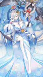 1girl bare_shoulders barefoot between_breasts blue_flower blue_kimono blue_nails bracelet breasts character_request closed_mouth collarbone colored_skin copyright_request criin dragon feet flower from_above fur_trim grey_hair hair_ornament hair_over_one_eye hand_up highres huge_breasts japanese_clothes jewelry kimono legs looking_at_viewer nail_polish off_shoulder on_chair red_eyes sitting smile spread_toes tassel toenail_polish toenails toes white_skin wide_sleeves