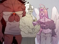 1boy 2girls black_eyes black_hair burning_spice_cookie colored_skin cookie_run cookie_run:_kingdom eternal_sugar_cookie hair_bun highres jugenxiannu196 long_hair multiple_girls muscular muscular_male mystic_flour_cookie pale_skin pink_eyes pink_hair pink_skin red_skin toned toned_male very_long_hair white_hair