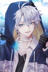 1boy alternate_costume antenna_hair bandaged_neck bandages black_shirt blue_eyes blue_hoodie collared_shirt demon demon_tail fangs h_ae_rang hashtag-only_commentary highres honkai_(series) honkai_impact_3rd hood hood_up hoodie looking_at_viewer male_focus open_clothes open_hoodie parted_bangs phainon_(honkai:_star_rail) shirt short_hair solo tail upper_body white_hair white_shirt