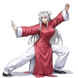 1girl absurdres ai-assisted bun_cover changpao china_dress chinese_clothes double_bun dress fighting fighting_stance hair_bun highres kokoro_no_koibito kung_fu long_hair long_sleeves martial_arts original pink_dress red_eyes self-upload smile solo training white_hair