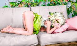 1girl ass bare_legs barefoot blush bottomless commentary couch covered_mouth covering_own_mouth cross-shaped_pupils cushion dress female_focus from_side full_body genshin_impact gradient_clothes gradient_dress gradient_hair green_dress green_eyes green_hair hair_ornament highres ivy leaf_hair_ornament loli long_hair looking_at_viewer looking_to_the_side multicolored_hair nahida_(genshin_impact) on_couch plant pointy_ears sleeveless sleeveless_dress solo sweetonedollar symbol-only_commentary symbol-shaped_pupils top-down_bottom-up white_dress white_hair