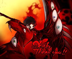 1boy adapted_weapon blue_eyes cowboy_shot e.g.o_(project_moon) employee_(project_moon) extra_eyes gloves green_eyes highres holding holding_scythe jacket living_clothes lobotomy_corporation looking_at_viewer male_focus mimicry_(e.g.o) nugget_(project_moon) pants project_moon red_gloves red_jacket red_pants scythe solo yatsumeunagi