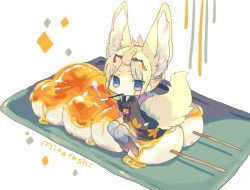 1girl animal_ears bad_id bad_twitter_id bangs_pinned_back blue_eyes boots brown_boots commentary_request female_focus fishnet_thighhighs fishnets food fox_ears fox_girl fox_tail holding holding_smoking_pipe in_food japanese_clothes kimono kunai looking_at_viewer mini_person minigirl multicolored_eyes nekotorina original purple_eyes short_hair signature sitting smoking smoking_pipe solo tail thighhighs weapon