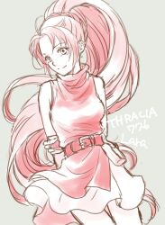 1girl arm_behind_back bare_arms bare_legs belt character_name copyright_name dress fingerless_gloves fire_emblem fire_emblem:_thracia_776 gloves lara_(fire_emblem) long_hair looking_at_viewer nintendo ponytail smile usachu_now
