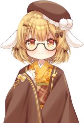 Rule 34 | 1girl, animal ears, beret, black-framed eyewear, blonde hair, blush, bow, brown bow, brown eyes, brown hat, brown sash, closed mouth, commentary request, floppy ears, glasses, hair bow, haori, hat, highres, inaba haneru (animare), japanese clothes, kimono, looking at viewer, nanashi inc., obi, plaid clothes, plaid sash, pom pom hat ornament, rabbit ears, rabbit girl, sash, short hair, simple background, smile, solo, transparent background, upper body, usaba (usabara c), virtual youtuber, yellow kimono
