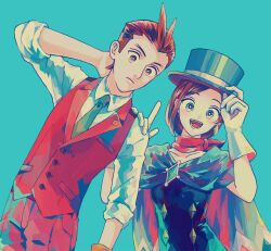 1boy 1girl :d ace_attorney antenna_hair apollo_justice apollo_justice:_ace_attorney blue_background blue_eyes brooch cape collared_shirt diamond-shaped_brooch dress_shirt dutch_angle earrings forked_eyebrows gloves hair_slicked_back hand_on_another&#039;s_shoulder hand_on_headwear hand_on_own_neck hat jewelry lapel_pin long_hair looking_down low-tied_long_hair multicolored_eyes necktie open_mouth pants pointing pointing_up scarf sharp911 shirt short_hair single_earring sleeves_pushed_up smile top_hat trucy_wright upper_body vest