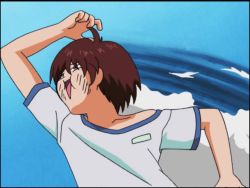 1boy 2girls animated anime_screenshot big_hair bouncing_breasts breasts buruma cream eiken glass glasses gym_uniform harumachi_komoe huge_breasts mifune_densuke multiple_girls nipples nude_filter oppai_loli pink_hair purple_hair sound third-party_edit topless_female tororo_(character) video