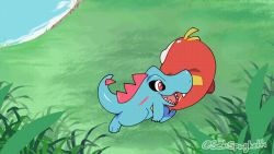 animated animated_gif bright_pupils bush fangs fuecoco full_body game_freak gen_2_pokemon grass green_background nintendo open_mouth pokemon pokemon_(creature) red_eyes running setispaghetti sharp_teeth smile tail teeth totodile twitter_username water white_pupils