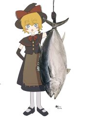 1girl absurdres animal apron black_capelet black_gloves black_hat black_shoes black_skirt black_vest blonde_hair blue_eyes blush_stickers bow bowtie braid bright_pupils brown_apron buttons capelet commentary_request cookie_(touhou) elbow_gloves fish full_body gloves hair_bow hat hat_bow highres holding holding_animal holding_fish kirisame_marisa looking_at_viewer mary_janes meguru_(cookie) noukou_tonkotsu_korokke open_mouth pantyhose red_bow red_bowtie shoes short_hair side_braid simple_background single_braid sketch skirt skirt_set solo standing touhou tuna vest waist_apron white_background white_pantyhose white_pupils witch_hat