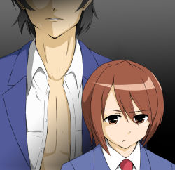 Rule 34 | 00s, 1boy, 1girl, brown eyes, brown hair, hosaka (minami-ke), iposi, maki (minami-ke), minami-ke, necktie, open clothes, open shirt, sanya (iposi), school uniform, shirt, sweat, you gonna get raped