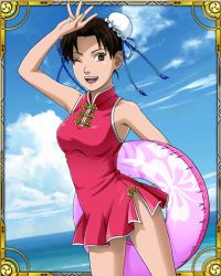 1girl bare_shoulders bikini bikini_skirt breasts brown_eyes brown_hair double_bun hair_bun highres legs looking_at_viewer naruto_(series) naruto_shippuuden official_art one_eye_closed open_mouth pink_bikini smile swimsuit tenten_(naruto) wink