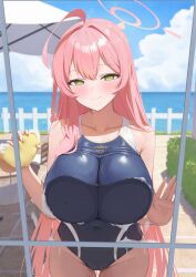 1girl against_glass ahoge bare_shoulders blue_archive blue_one-piece_swimsuit blue_sky blush bow braid breast_press breasts breasts_on_glass cameltoe closed_mouth cloud cloudy_sky collarbone commentary covered_erect_nipples covered_navel day fence glass green_eyes groin hair_bow halo hanako_(blue_archive) hand_on_glass highres holding holding_sponge huge_breasts long_hair looking_at_viewer md5_mismatch ocean one-piece_swimsuit outdoors parasol patio_umbrella pink_hair pink_halo siu_hing5262 sky smile solo sponge swimsuit thighs trinity_general_school_swimsuit umbrella white_bow wooden_fence