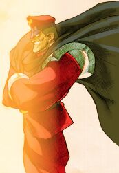1boy bengus capcom cape crossed_arms evil_smile facing_to_the_side game_cg hat highres m._bison male_focus marvel marvel_vs._capcom marvel_vs._capcom_2 muscular muscular_male no_pupils non-web_source official_art peaked_cap scan shoulder_pads sidelighting simple_background smile solo street_fighter